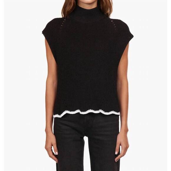 NEW AUTUMN CASHMERE scallop edge shaker top in black/bleach white